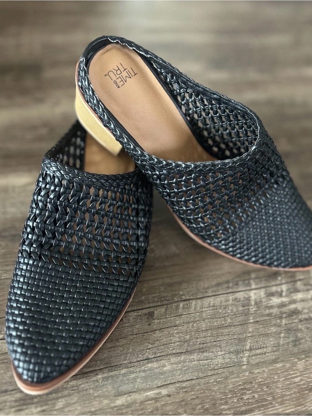 Time and Tru Black Woven Slip-On Mules with Tan Heel